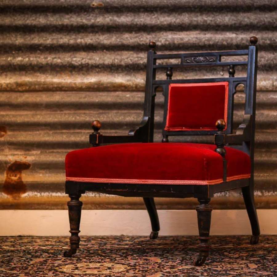 Small Ebonised Bedroom Chair in Deep Red Velvet